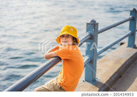 Portrait of Boy tourist with view of Golden Horn Bay, Istanbul, Turkey. Turkiye. Traveling with kids concept 101434953