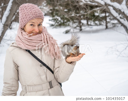 Girl feeds a squirrel with nuts at winter. Caring for animals in winter or autumn. Girl feeds a squirrel with nuts at winter. Caring for animals in winter or autumn. 101435017