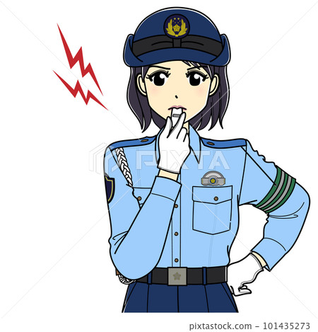 Female police officer in summer clothes blowing a horn (upper body) 101435273
