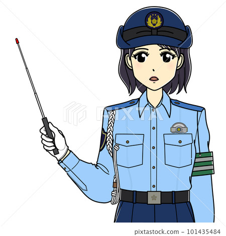 A female police officer in summer clothes with a pointing stick (upper body, serious) A female police officer in summer clothes with a pointing stick (upper body, serious) 101435484