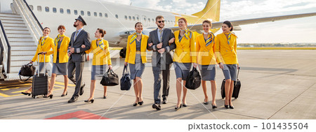 Airline workers with travel suitcases walking down the airfield Airline workers with travel suitcases walking down the airfield 101435504