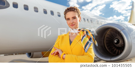 Stewardess standing near commercial aircraft at airport Stewardess standing near commercial aircraft at airport 101435505
