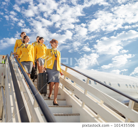 Cheerful stewardesses walking down airplane stairs under cloudy sky 101435506