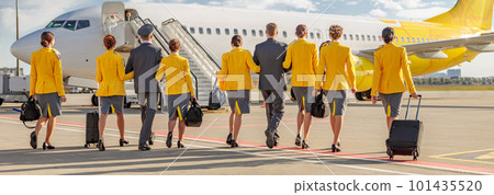 Airline workers with travel bags walking down the airfield Airline workers with travel bags walking down the airfield 101435520
