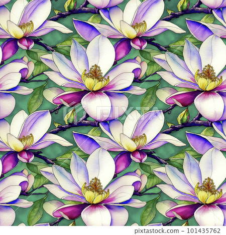 Floral tropical seamless pattern with Magnolia flowers and green leaves, watercolor illustration, background wallpaper design for textile, fabric, cover, wrapping paper. AI generated Floral tropical seamless pattern with Magnolia flowers and green leaves, watercolor illustration, background wallpaper design for textile, fabric, cover, wrapping paper. AI generated 101435762
