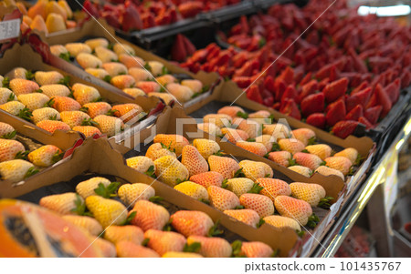 Pink Strawberry on the farmers market stall Pink Strawberry on the farmers market stall 101435767