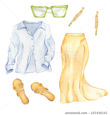 Set of woman's summer clothes watercolor illustration isolated on white. Woman's style outfit of shirt, skirt, sandals and sunglasses hand drawn. Design for shop, sale, magazine, packaging, showcase Set of woman's summer clothes watercolor illustration isolated on white. Woman's style outfit of shirt, skirt, sandals and sunglasses hand drawn. Design for shop, sale, magazine, packaging, showcase 101436241