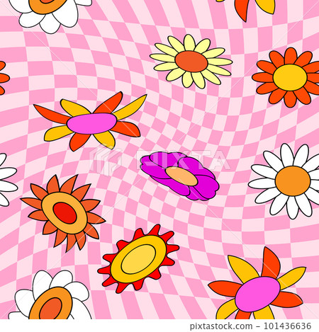 Groovy hippie flower seamless pattern. Colorful flowers trendy check distortion background retro trippy 70s style 101436636