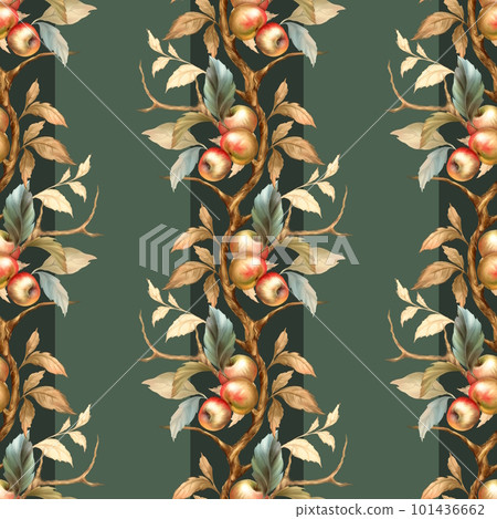 Decorative seamless pattern with apples and leaves. Dark green background Decorative seamless pattern with apples and leaves. Dark green background 101436662