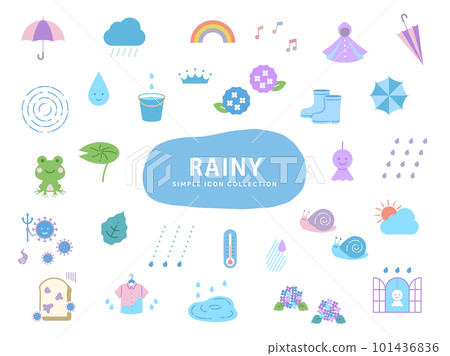 雨季簡單插圖圖標集/白色背景/雨、繡球花、水滴、六月、自然、植物、初夏 101436836