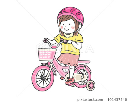 Illustration of a girl riding a pink bicycle with training wheels 101437346