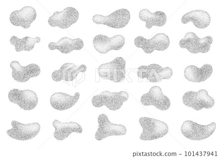 Abstract halftone shapes with fluid gradient dots. Liquid stipple grunge stains with gradation. Grainy random shading elements. Vector set Abstract halftone shapes with fluid gradient dots. Liquid stipple grunge stains with gradation. Grainy random shading elements. Vector set 101437941