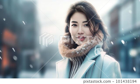 A woman wearing a coat walking in a snowy city in winter (Generative AI) A woman wearing a coat walking in a snowy city in winter (Generative AI) 101438194