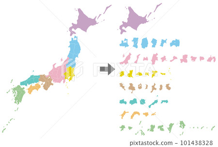 Prefectures disassembled and arranged with a map of Japan 101438328
