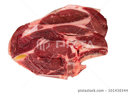 Raw cowboy steak with seasonings on white background, prime rib eye on bone 101438344