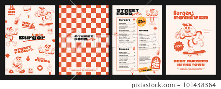 Burger retro cartoon fast food posters and cards. Comic character slogan quote and other elements for burger bar cafe restaurant. Menu, invitation, stories template. Groovy funky vector illustration. Burger retro cartoon fast food posters and cards. Comic character slogan quote and other elements for burger bar cafe restaurant. Menu, invitation, stories template. Groovy funky vector illustration. 101438364