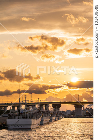 "Aomori Prefecture" Squid fishing boat and sunset anchored at Hachinohe Port "Aomori Prefecture" Squid fishing boat and sunset anchored at Hachinohe Port 101439089