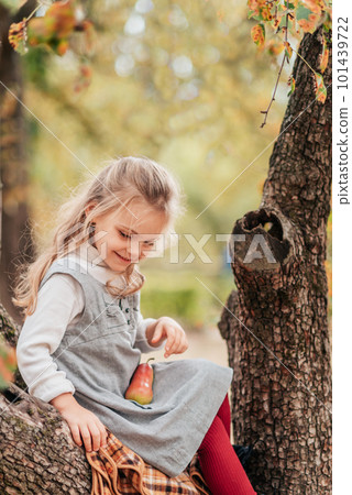 Child picking pears on farm in autumn. Little girl playing in pears tree orchard. Healthy nutrition. Cute little girl eating red delicious pear. Harvest Concept. pears picking. 101439722