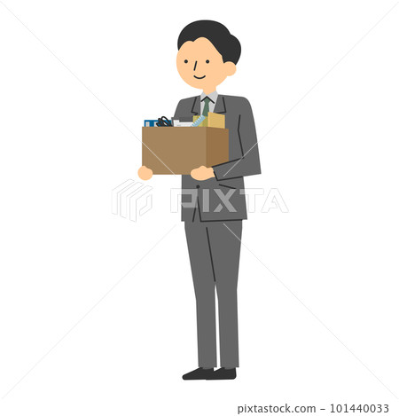 Vector illustration of a man in a suit smiling and holding a cardboard box containing luggage Vector illustration of a man in a suit smiling and holding a cardboard box containing luggage 101440033