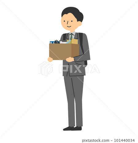Vector illustration of a man wearing a suit and carrying a backpack holding a cardboard box with a smile 101440034