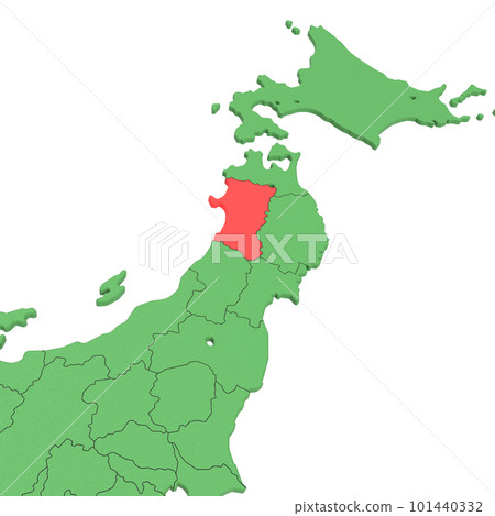 Vector material / Bird view of the Japanese archipelago Blue sea and green land Prefectural border display Red highlights _ [Akita Prefecture] 101440332