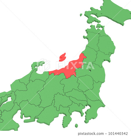 Vector material / Bird view of the Japanese archipelago Blue sea and green land Prefectural border display Red highlight_[Niigata Prefecture] 101440342