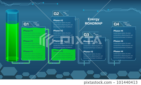 Horizontal roadmap for game project with energy tank and quarters connected by pipes with taps on blue background. Timeline infographic template for business presentation. Vector. Horizontal roadmap for game project with energy tank and quarters connected by pipes with taps on blue background. Timeline infographic template for business presentation. Vector. 101440413