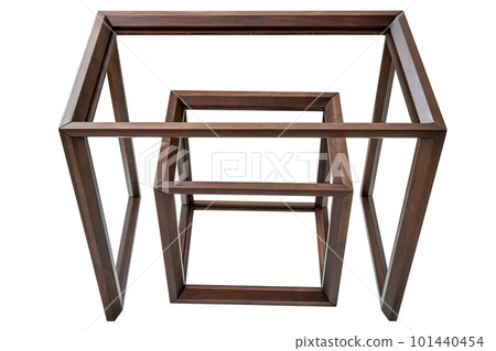 Wooden frame of bedside table and dressing table made of solid walnut isolated on white background. Joinery angular joint of planks on dowels 101440454