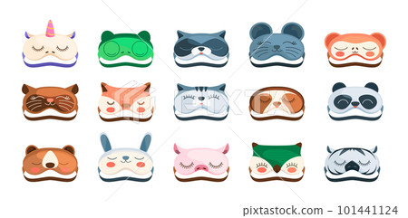 Animal sleeping mask. Cartoon sleepy faces of cute animals, nap sleepy frogs, cute puppies and kittens in face masks. Vector sleep cartoon set 101441124