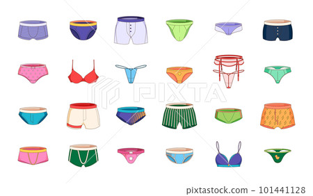 Men and women underpants. Cartoon male and female underwear, relaxed boxer shorts and swimwear for everyday wear. Vector isolated collection 101441128