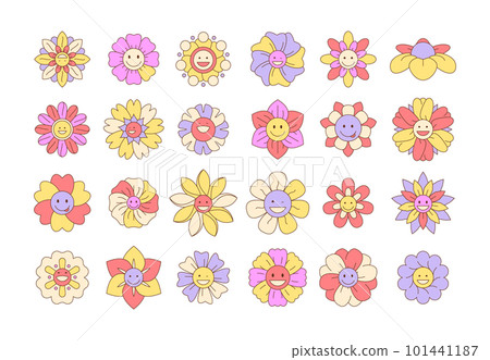 Groovy cartoon flowers. Funny hippie line icons with face smile and laugh, hippie flower characters with happy emotions. Vector colorful set 101441187