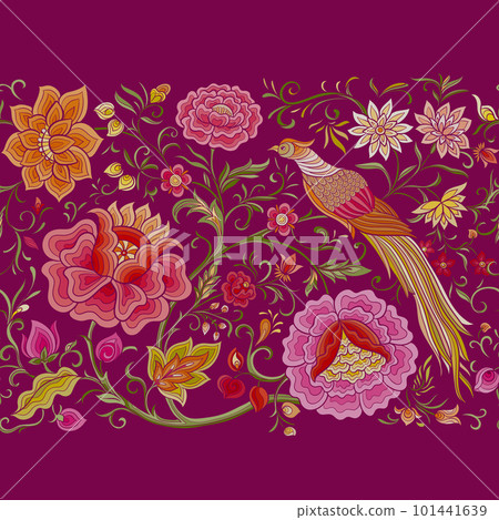 Fantasy flowers and pheasant bird in retro, vintage, chinese silk Fantasy flowers and pheasant bird in retro, vintage, chinese silk 101441639