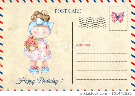 Hand drawn watercolor greetings card with flowers and Tilda. Illustration of watercolor, flowers and plants . Pictures for poster, invitation, postcard, background and scrapbooking 101441825
