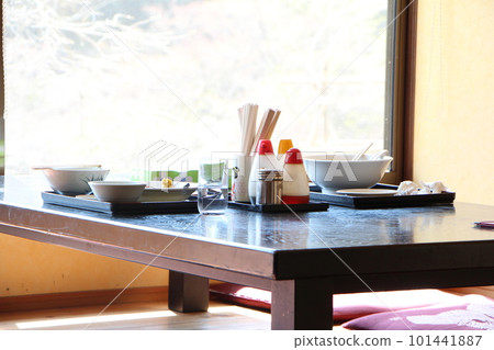 Seasonings on the table in the cafeteria of an old-fashioned retro set meal shop 101441887