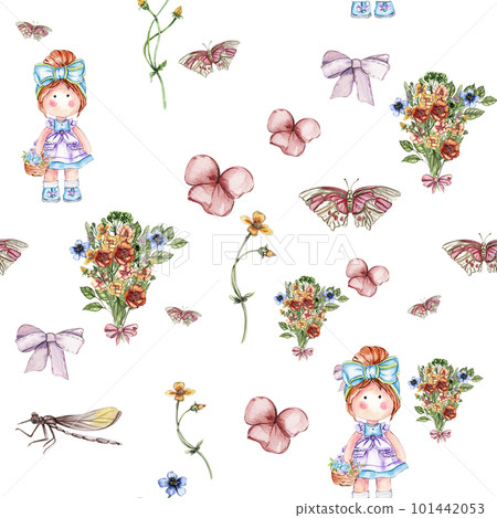 Watercolor seamless, cartoon pattern with flowers and insects on a background. Kids style background with beautiful summer or spring flowers. Applicable for textiles, wallpapers, decor. Watercolor seamless, cartoon pattern with flowers and insects on a background. Kids style background with beautiful summer or spring flowers. Applicable for textiles, wallpapers, decor. 101442053