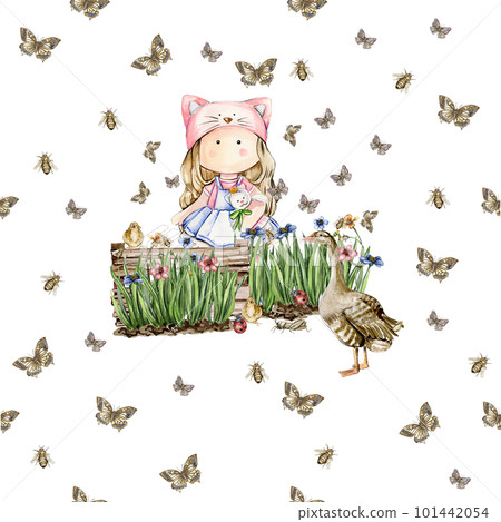 Watercolor seamless, cartoon pattern with flowers and insects on a background. Kids style background with beautiful summer or spring flowers. Applicable for textiles, wallpapers, decor. 101442054