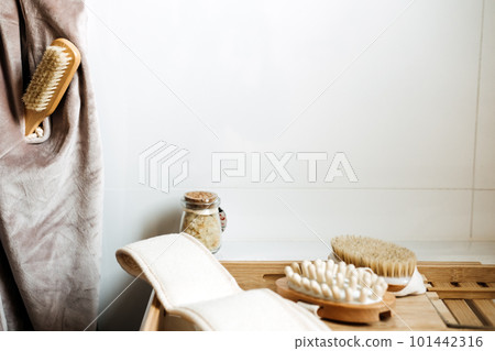 Exfoliate skin, manual exfoliation skin helps to remove dead skin cells and stimulate circulation. Dry Brushing, various brush Exfoliator Massager Scrubber for body and face in bathroom Exfoliate skin, manual exfoliation skin helps to remove dead skin cells and stimulate circulation. Dry Brushing, various brush Exfoliator Massager Scrubber for body and face in bathroom 101442316