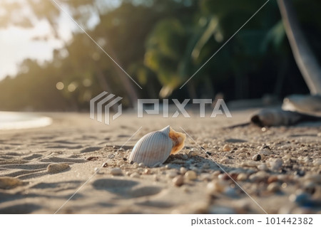 This seashell on the sandy beach with the stunning ocean as the backdrop captures the essence of summer and tropical paradise. AI Generative. 101442382