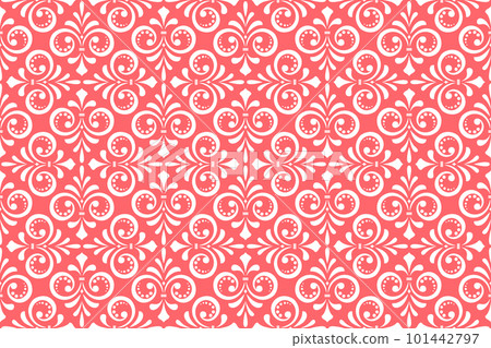 Wallpaper in the style of Baroque. Seamless vector background. White and pink floral ornament. Graphic pattern for fabric, wallpaper, packaging. Ornate Damask flower ornament Wallpaper in the style of Baroque. Seamless vector background. White and pink floral ornament. Graphic pattern for fabric, wallpaper, packaging. Ornate Damask flower ornament 101442797