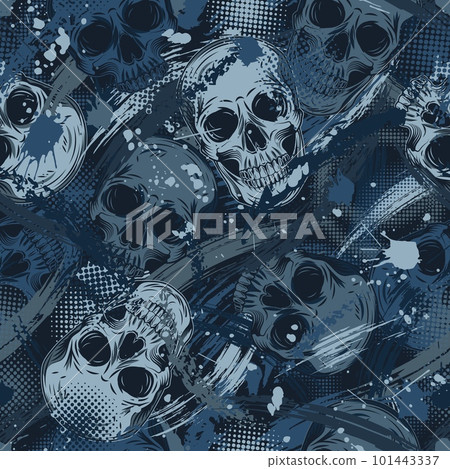Blue grunge camouflage pattern with human skulls, abstract brushstrokes, blots, halftone shapes. Random chaotic composition. Good for apparel, clothing, fabric, textile, sport goods. Blue grunge camouflage pattern with human skulls, abstract brushstrokes, blots, halftone shapes. Random chaotic composition. Good for apparel, clothing, fabric, textile, sport goods. 101443337