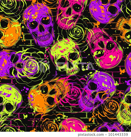 Psychedelic pattern with human skulls, brick wall, roses. Grunge style of outline of flowers. Bright neon colors. Good for apparel, clothing, fabric, textile, sport goods 101443339
