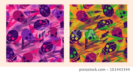 Set of seamless patterns with skulls, grunge paint brush strokes, lightnings Set of seamless patterns with skulls, grunge paint brush strokes, lightnings 101443344