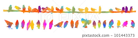 Birds on a wire. Silhouettes of colorful sitting starlings. Birds set . Vector illustration 101443373