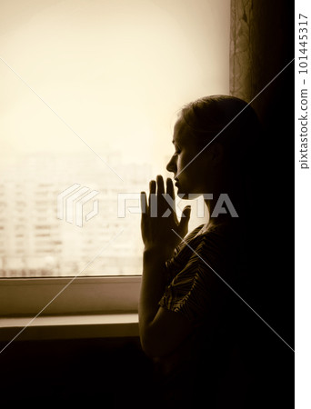 Disabled person in stroller by window Disabled person in stroller by window 101445317