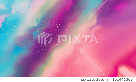 Dreamy iridescent alcohol ink background with gold dust. Abstract rainbow colored watercolor texture backdrop. Girly fluid art. Mixing acrylic paints 101445368