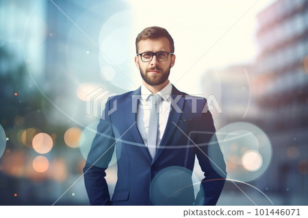 A businessman in a proud pose against a defocused thematic background, AI generative image 101446071