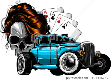 hot rod with woman skull and poker aces vector illustration design on white background 101446267
