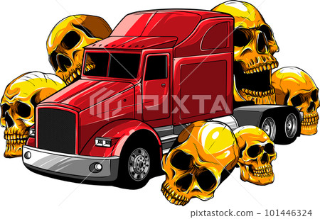 American Truck with skulls around vector illustration onh white background. digital hand draw 101446324
