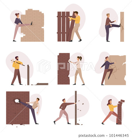 Characters destroying walls,success achieving metaphor. Employees and businessmen overcome obstacles, persons break barriers, concrete and bricks. 101446345