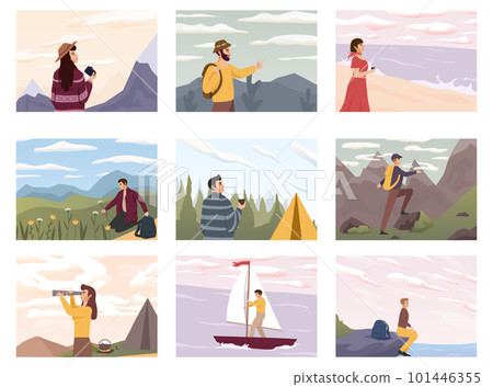 Set of people look into future vector flat illustration. People travel in nature, looking at sky horizons, clouds, stars set. Outdoor summer adventures 101446355